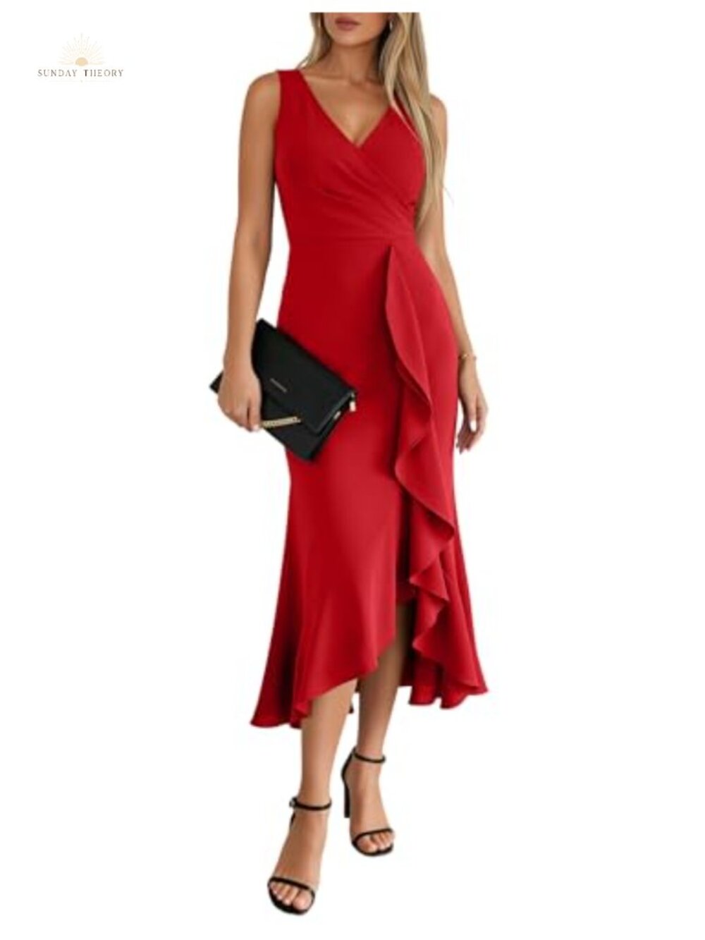 Women's Sexy V Neck Sleeveless Faux Wrap Ruched Midi Dress Ruffle Hem Cocktail